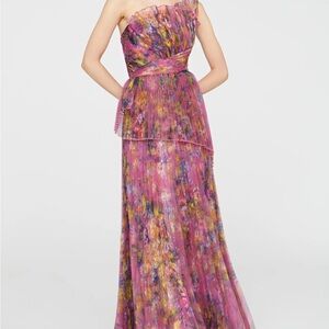 Theia One Shoulder Floral Dress in Pink and Purple